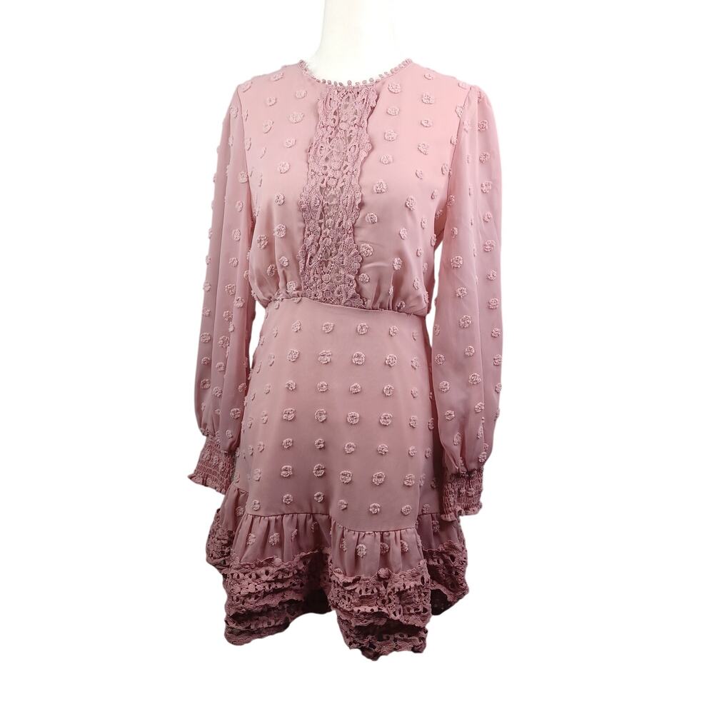 Simplee Pink Swiss Dot Crochet Lace Mini Dress S Romantic Coquette Long Sleeve‎